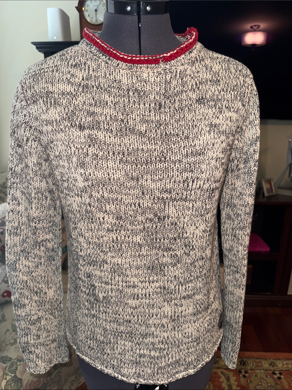 Polo by Ralph Lauren Marled Gray-Cream Crewneck Sweater with Red Trim
